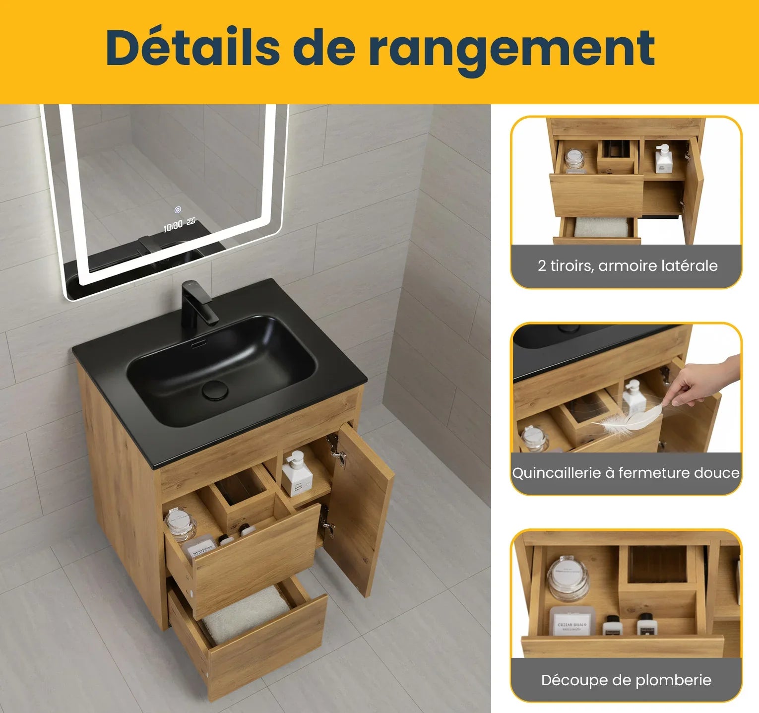 24" Frosted Oak Freestanding Single Sink Bathroom Vanity with Black Ceramic Countetop