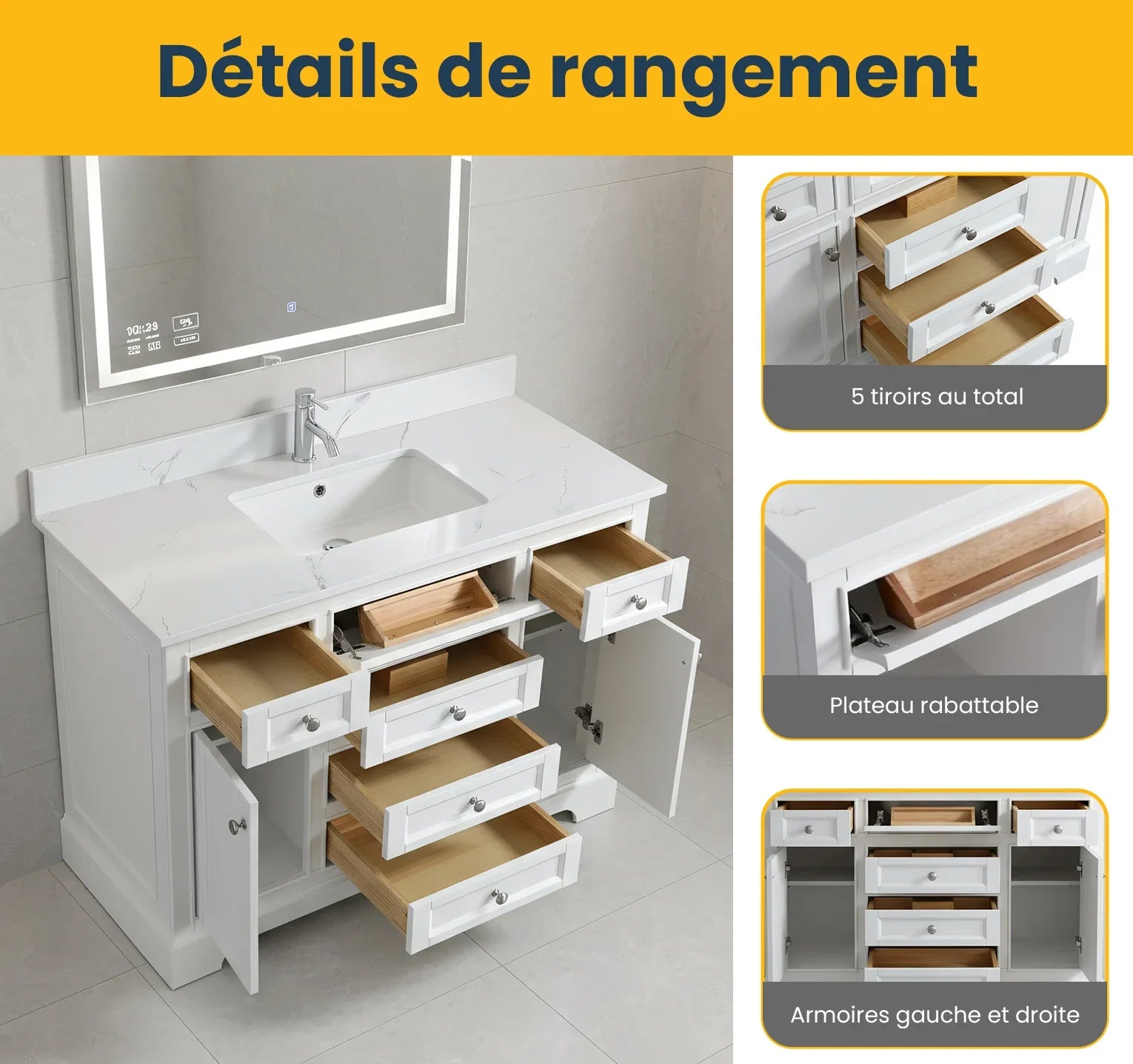 48" White Freestanding Bathroom Vanity with Engineered Calcutta Marble Countertop