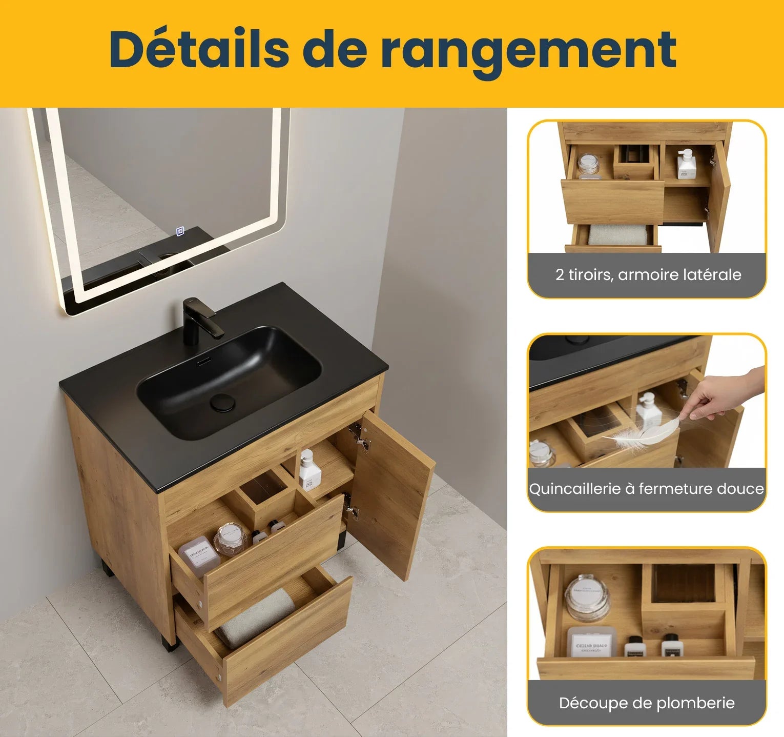 30" Frosted Oak Freestanding Single Sink Bathroom Vanity with Black Ceramic Countertop