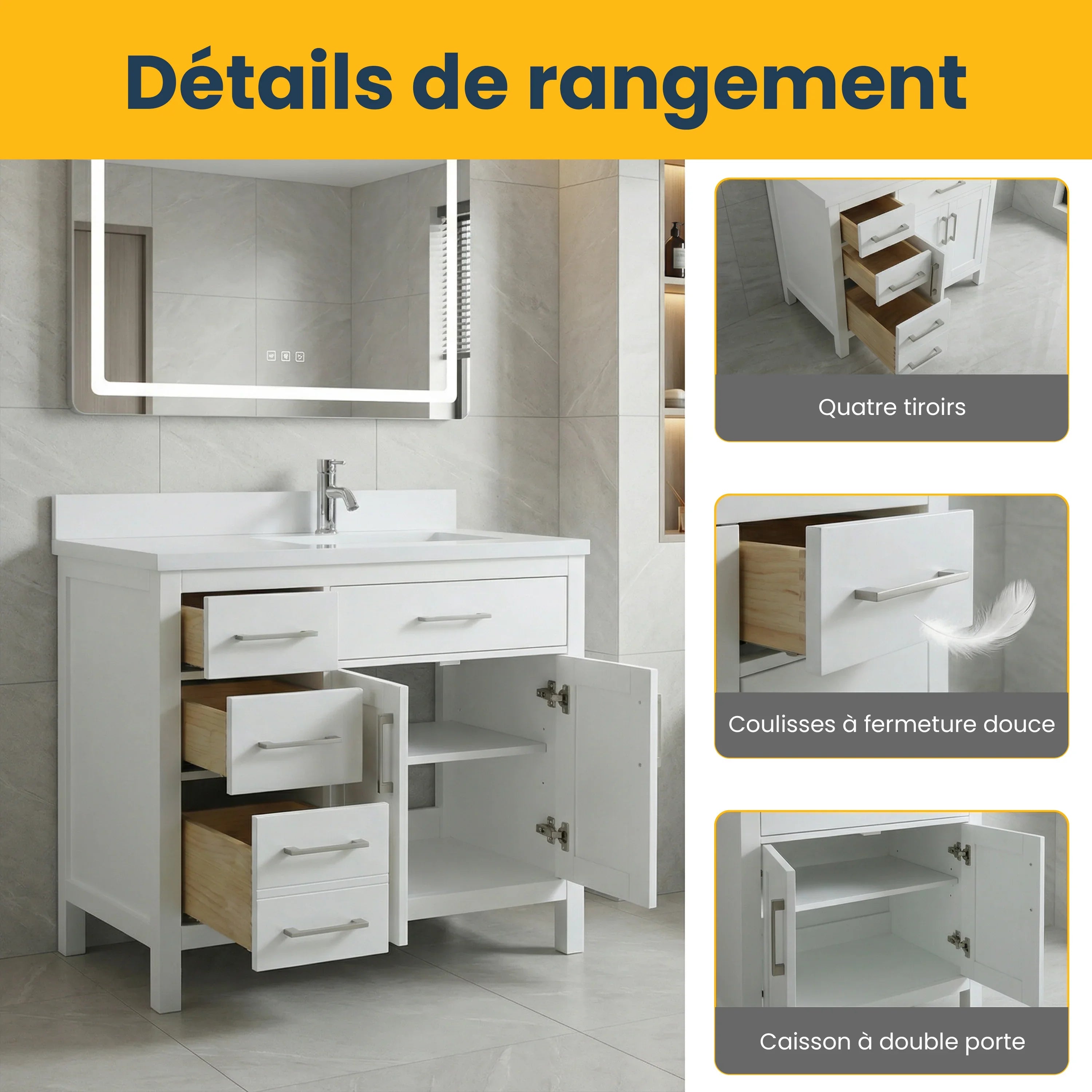 Meuble-lavabo autoportant blanc de 36 po avec comptoir en marbre blanc reconstitué