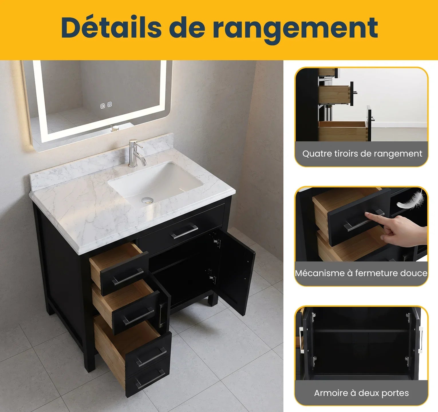 Meuble Lavabo Autoportant Noir 36po avec Comptoir en Marbre Carrera