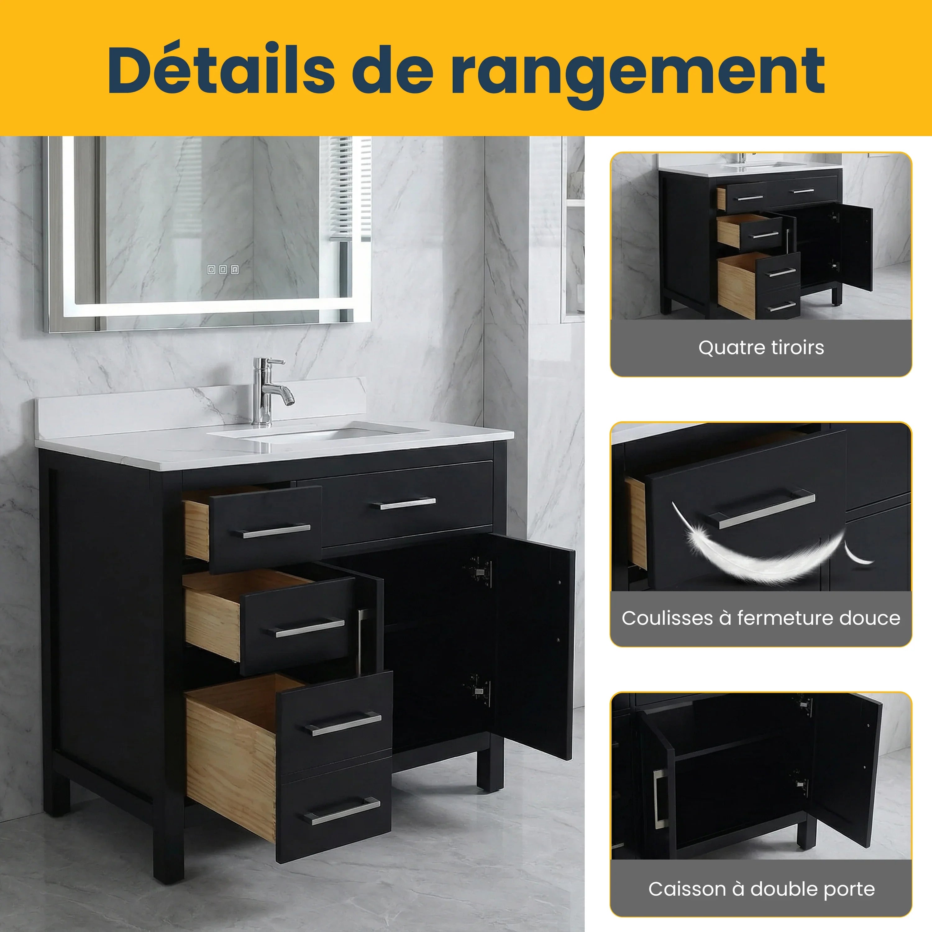 Meuble-Lavabo Autoportant 36 po Noir avec Comptoir de Marbre Ingénierie Calcutta