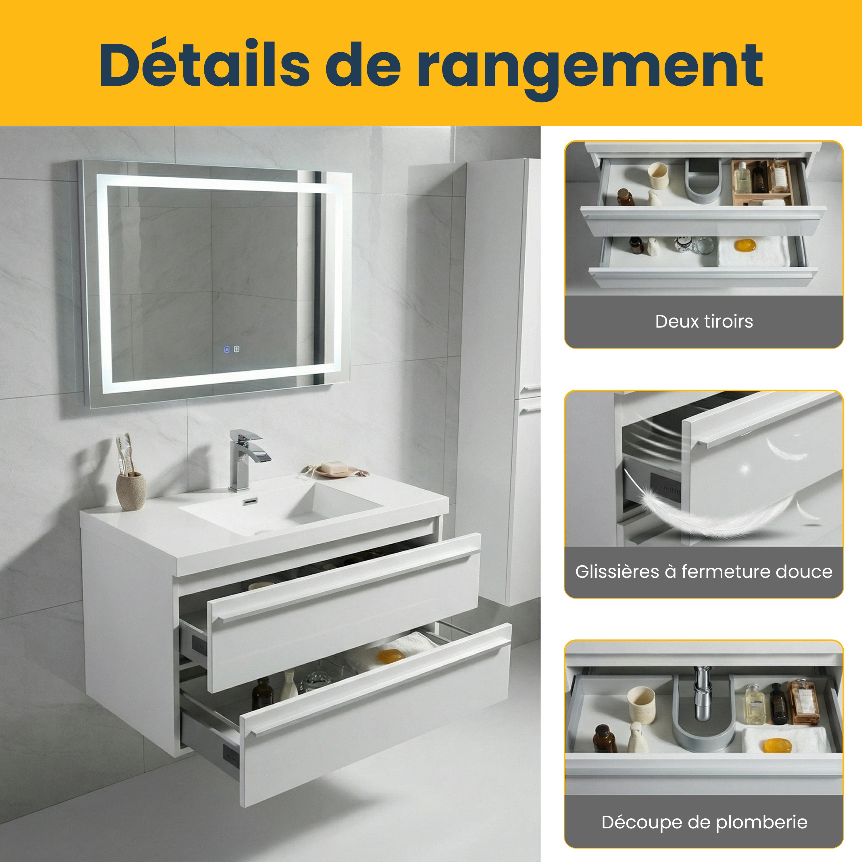 42" White Wall Mount Bathroom Vanity with White Polymarble Countertop
