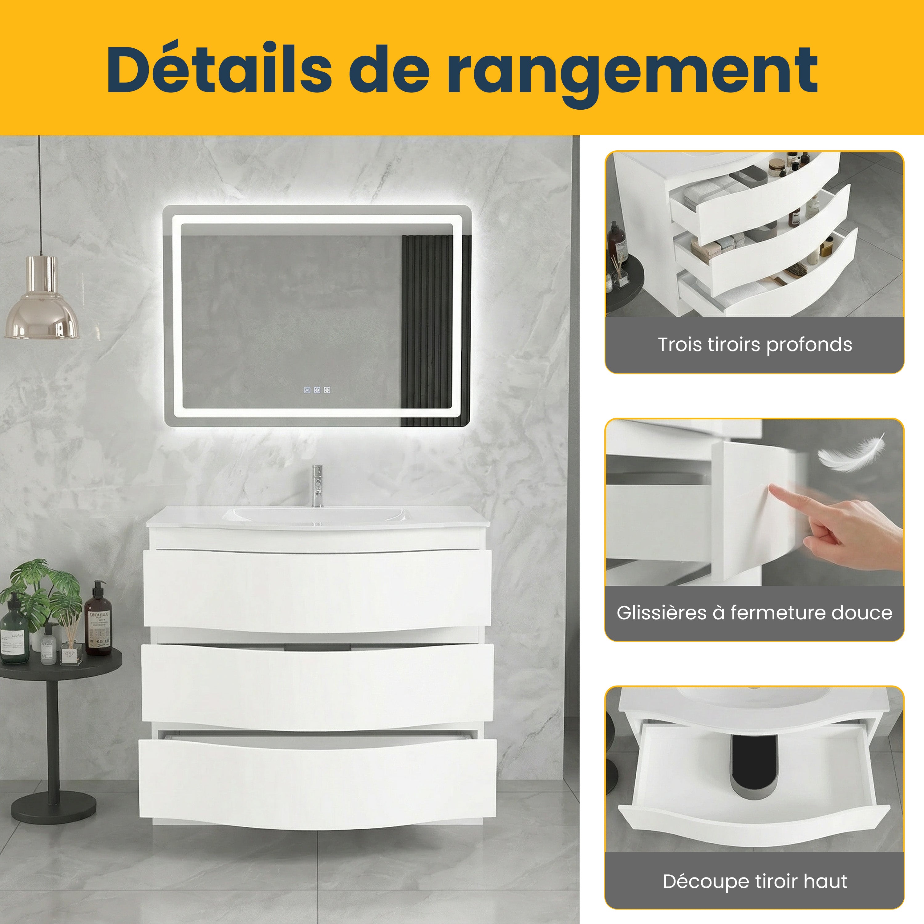 36" Matte White Freestanding Single Sink Bathroom Vanity with White Glass Countertop