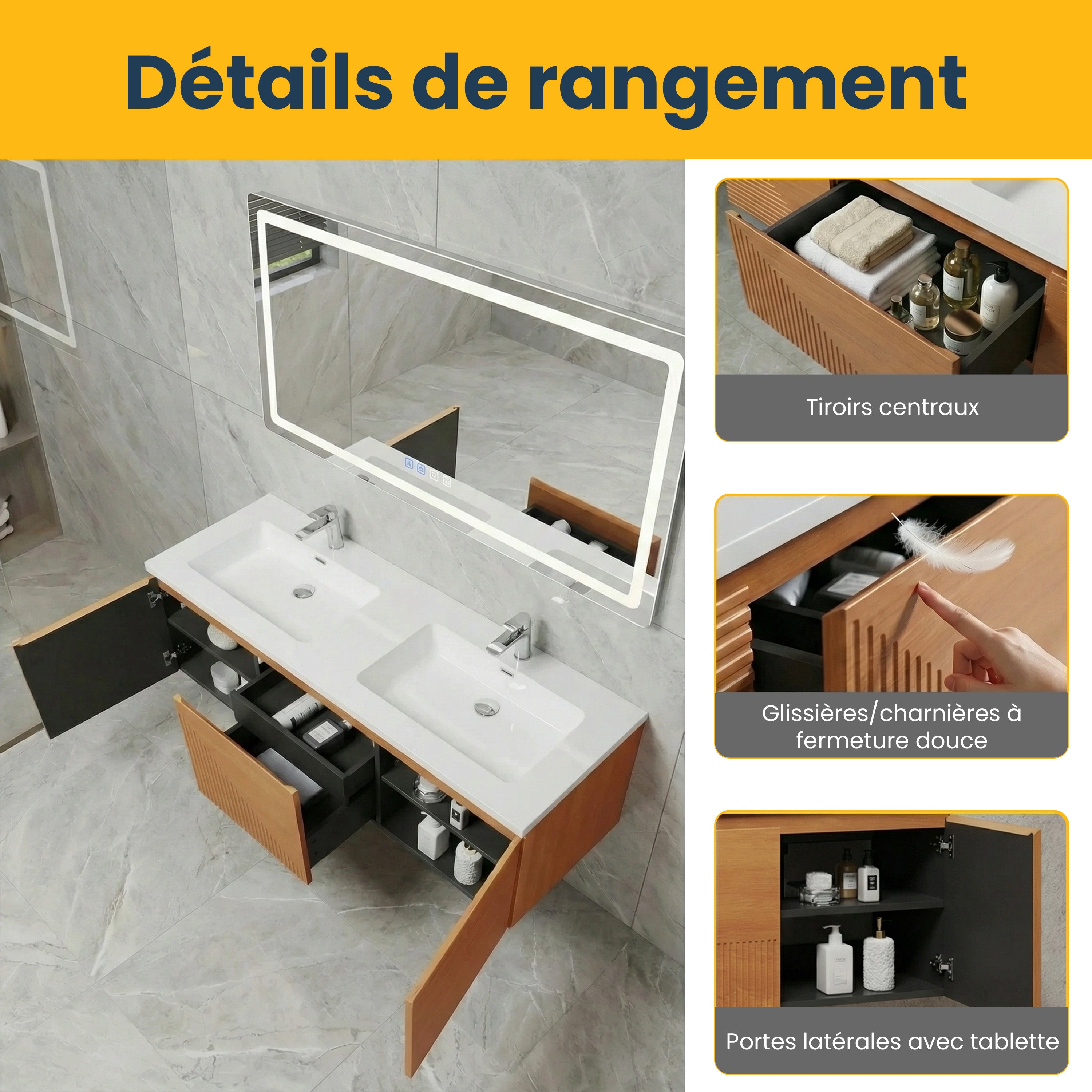 60" Light Oak Wall-Mounted Double Sink Bathroom Vanity with White Polymarble Countertop