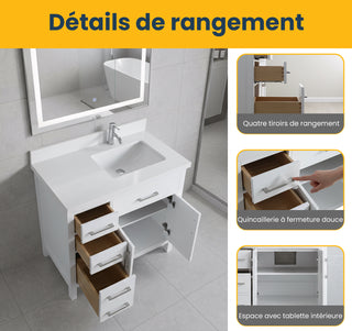 Meuble-Lavabo Autoportant 36po Blanc avec Comptoir de Quartz Blanche Neige