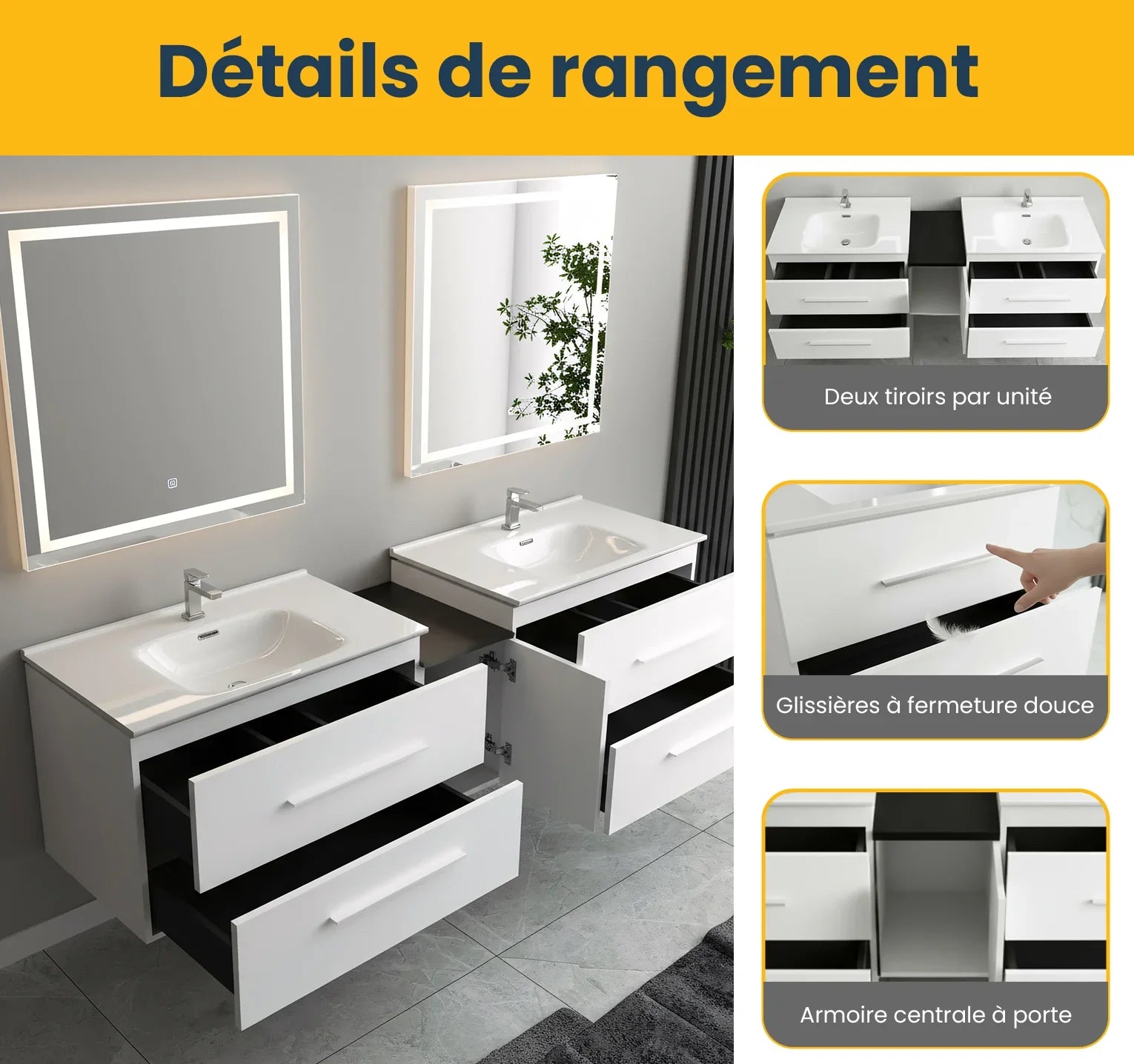 Meuble-Lavabo Mural 72po Blanc Mat avec Comptoir de Céramique Blanc