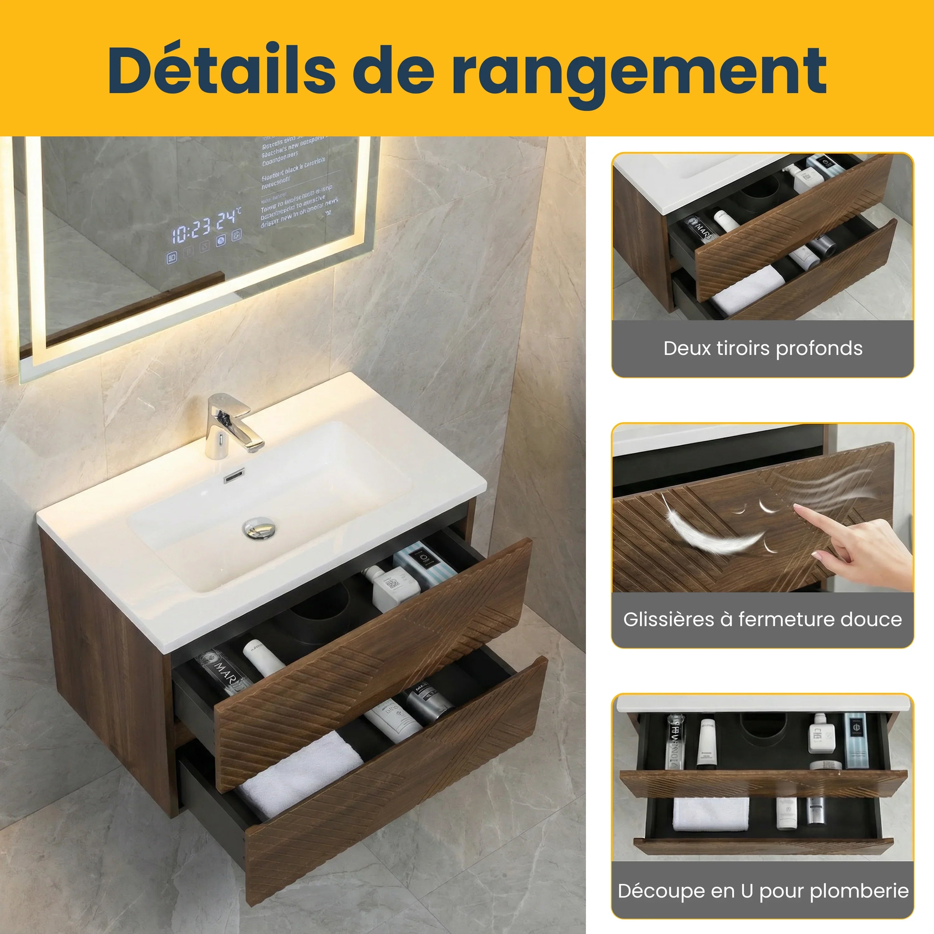 30" Walnut Wall Mount Single Sink Bathroom Vanity with White Polymarble Countertop