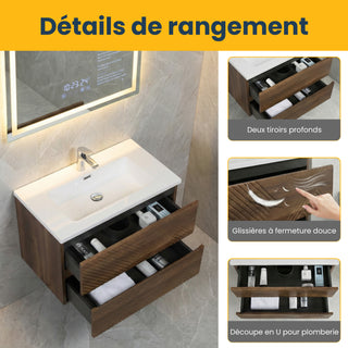 30" Walnut Wall Mount Single Sink Bathroom Vanity with White Polymarble Countertop