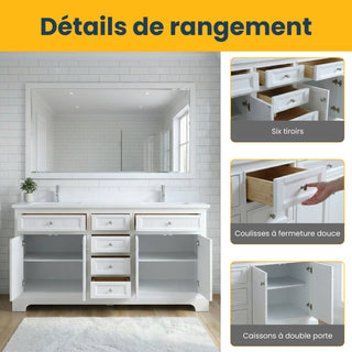 Meuble-lavabo autoportant blanc de 72 po avec comptoir en marbre blanc reconstitué