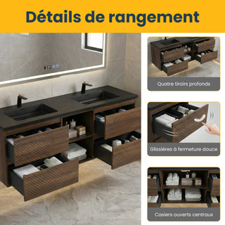 Meuble-Lavabo Mural 72po Noyer avec Comptoir de Quartz d'ingénierie Noir