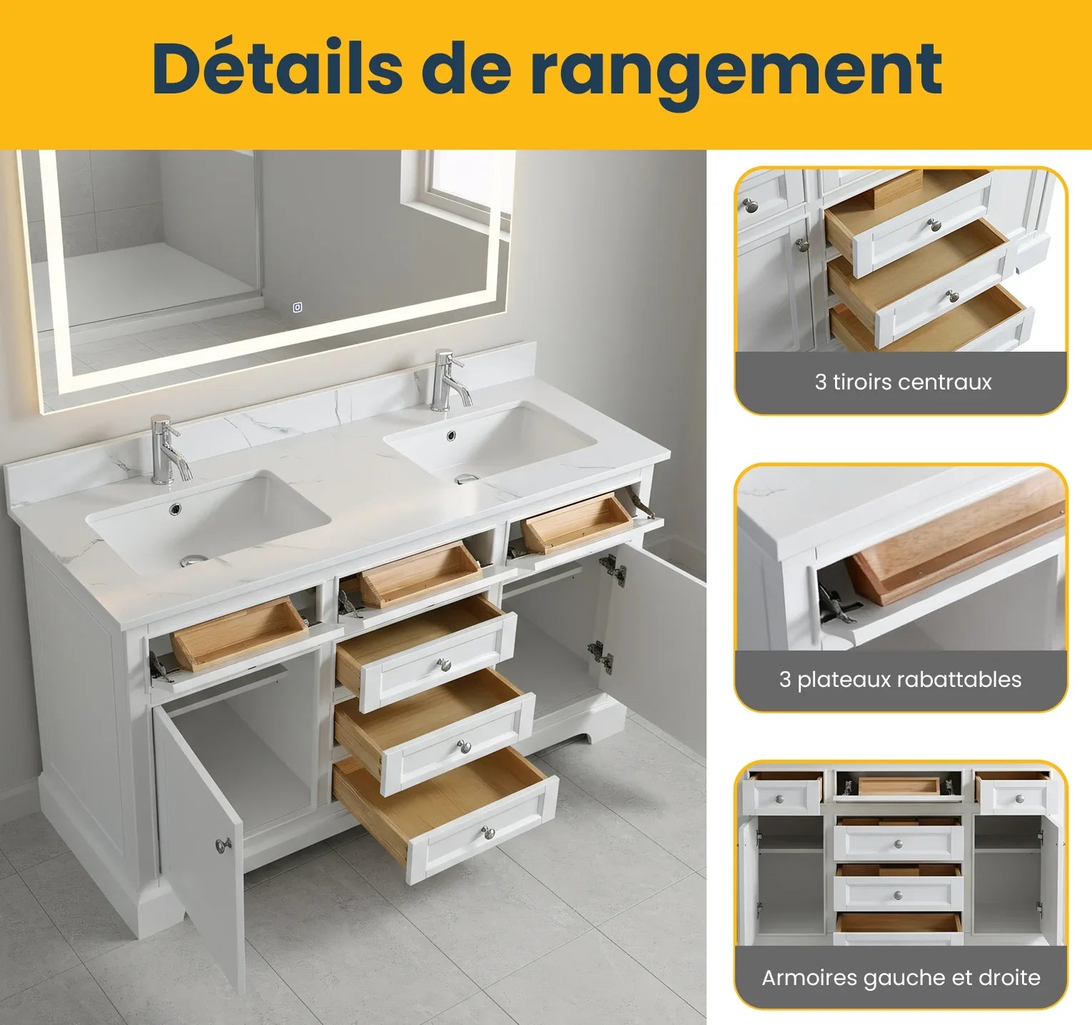 60" White Freestanding Double Sink Bathroom Vanity with Engineered Calcutta Marble Countertop