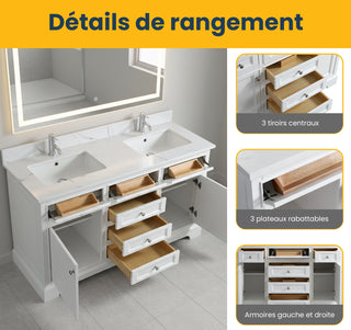 60" White Freestanding Double Sink Bathroom Vanity with Engineered Calcutta Marble Countertop