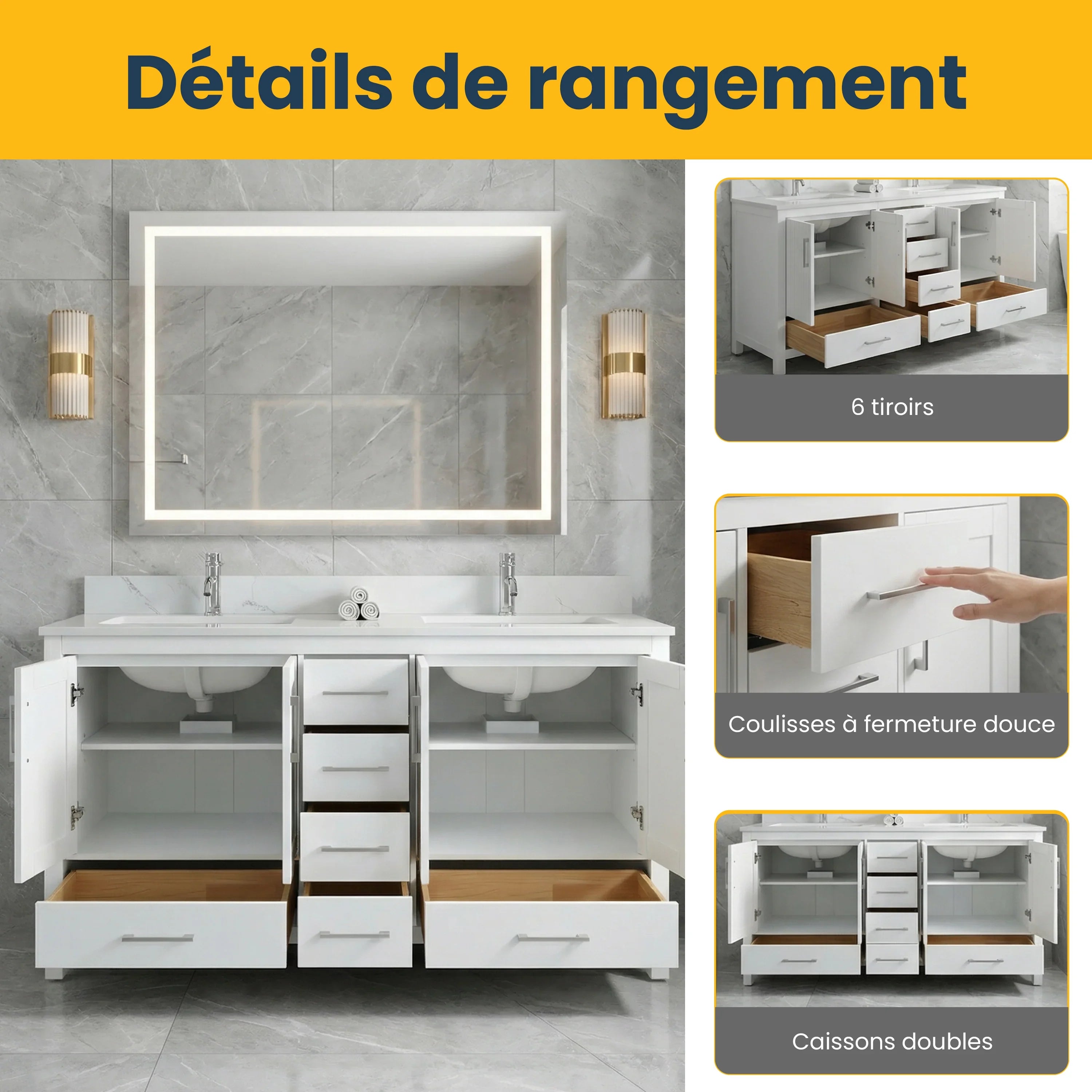 Meuble-lavabo double sur pied blanc de 72 po avec comptoir en marbre blanc reconstitué