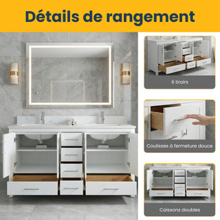 Meuble-lavabo double sur pied blanc de 72 po avec comptoir en marbre blanc reconstitué