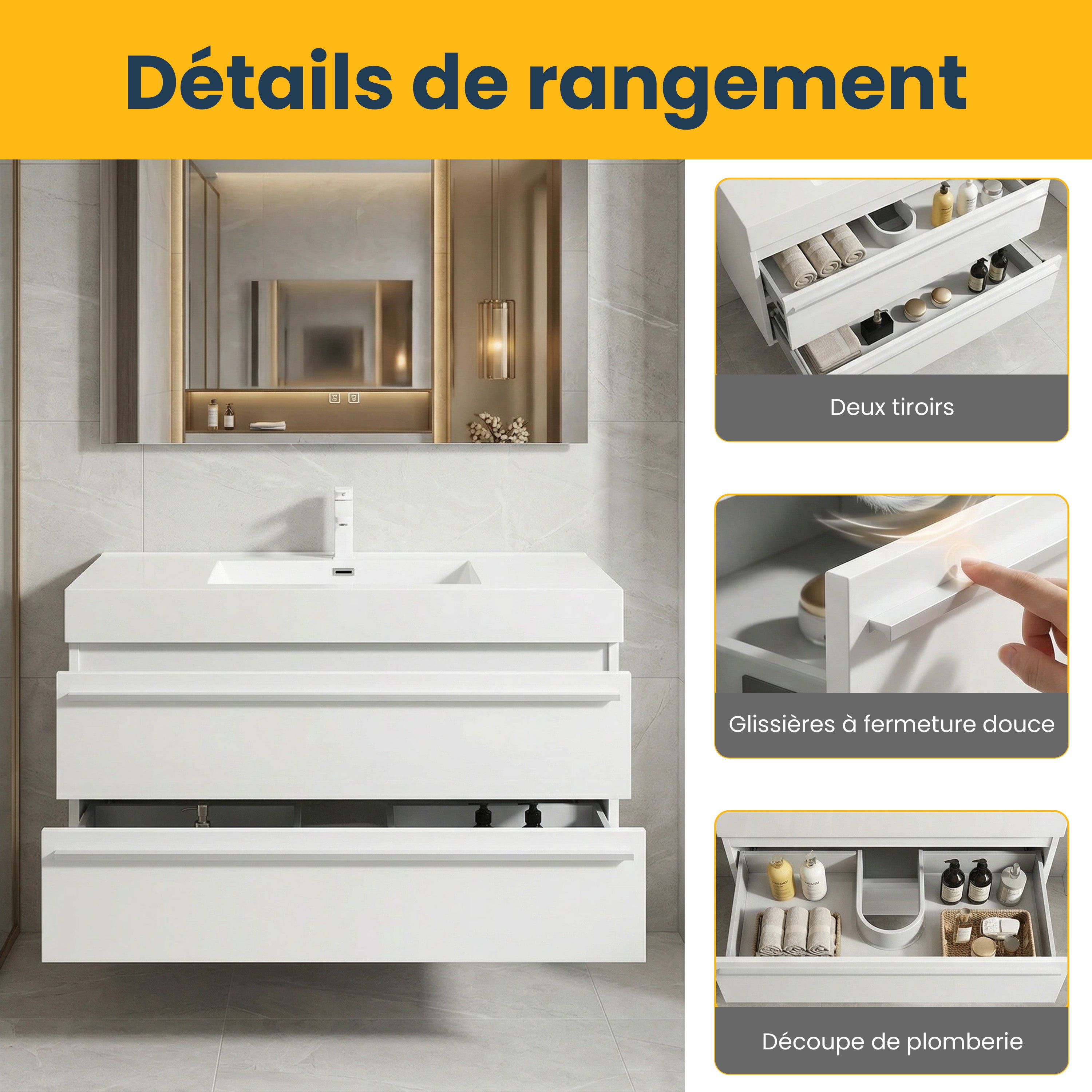 Meuble-Lavabo Mural Blanc de 48 po avec Comptoir en Polymarbre Blanc