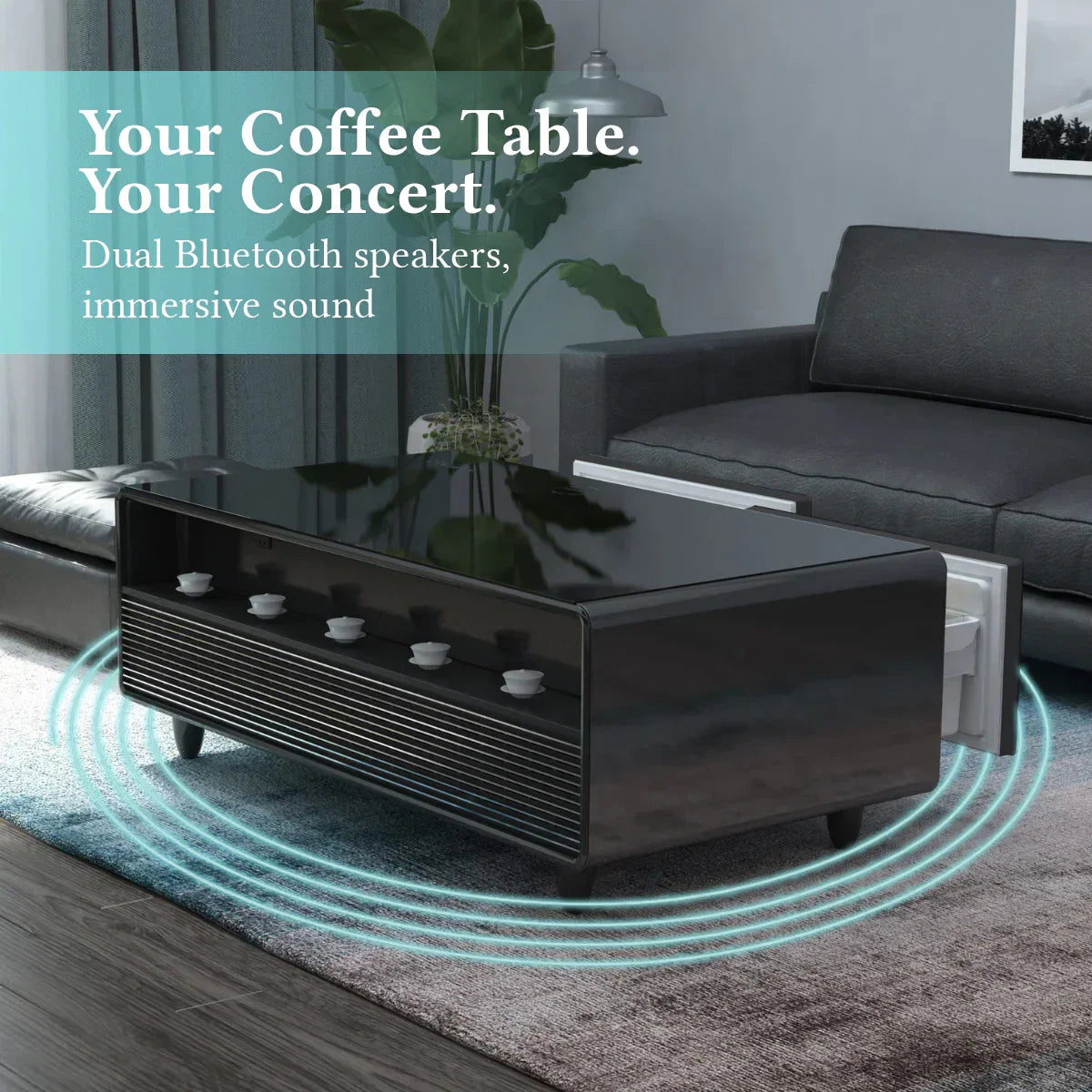 SERA Smart Coffee Table with Refrigerated Drawers, Bluetooth Speakers, Wireless Charging & LED Touch Control - White / Dark Grey / Brown
