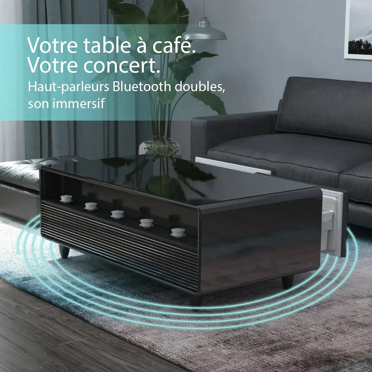 SERA Smart Coffee Table with Refrigerated Drawers, Bluetooth Speakers, Wireless Charging & LED Touch Control - White / Dark Grey / Brown