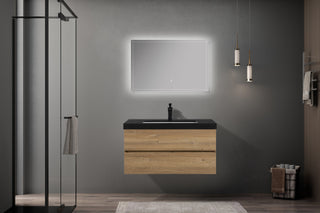 40" Rough Oak Wall Mount Bathroom Vanity with Black Polymarble Countertop Edge - Golden Elite Deco