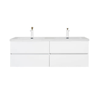 60" White Wall Mount Double Sink Bathroom Vanity with White Polymarble Countertop