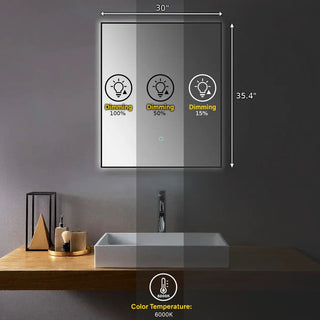 30" x 35.4" Premium LED Bathroom Mirror with Matte Black Aluminum Frame - Anti-Fog Smart Mirror with Adaptive Dimming Control, 6000K Cool White Lighting & Compact Illumination Design