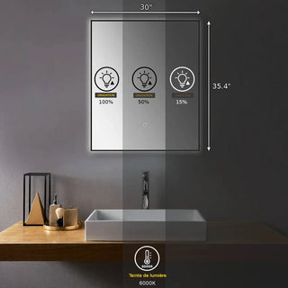 30" x 35.4" Premium LED Bathroom Mirror with Matte Black Aluminum Frame - Anti-Fog Smart Mirror with Adaptive Dimming Control, 6000K Cool White Lighting & Compact Illumination Design