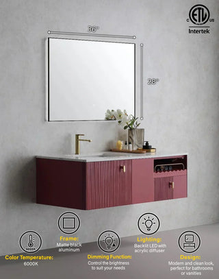 36" x 28" Premium LED Bathroom Mirror with Matte Black Aluminum Frame - Anti-Fog Smart Mirror with Adaptive Dimming Control, 6000K Cool White Lighting & Compact Illumination Design