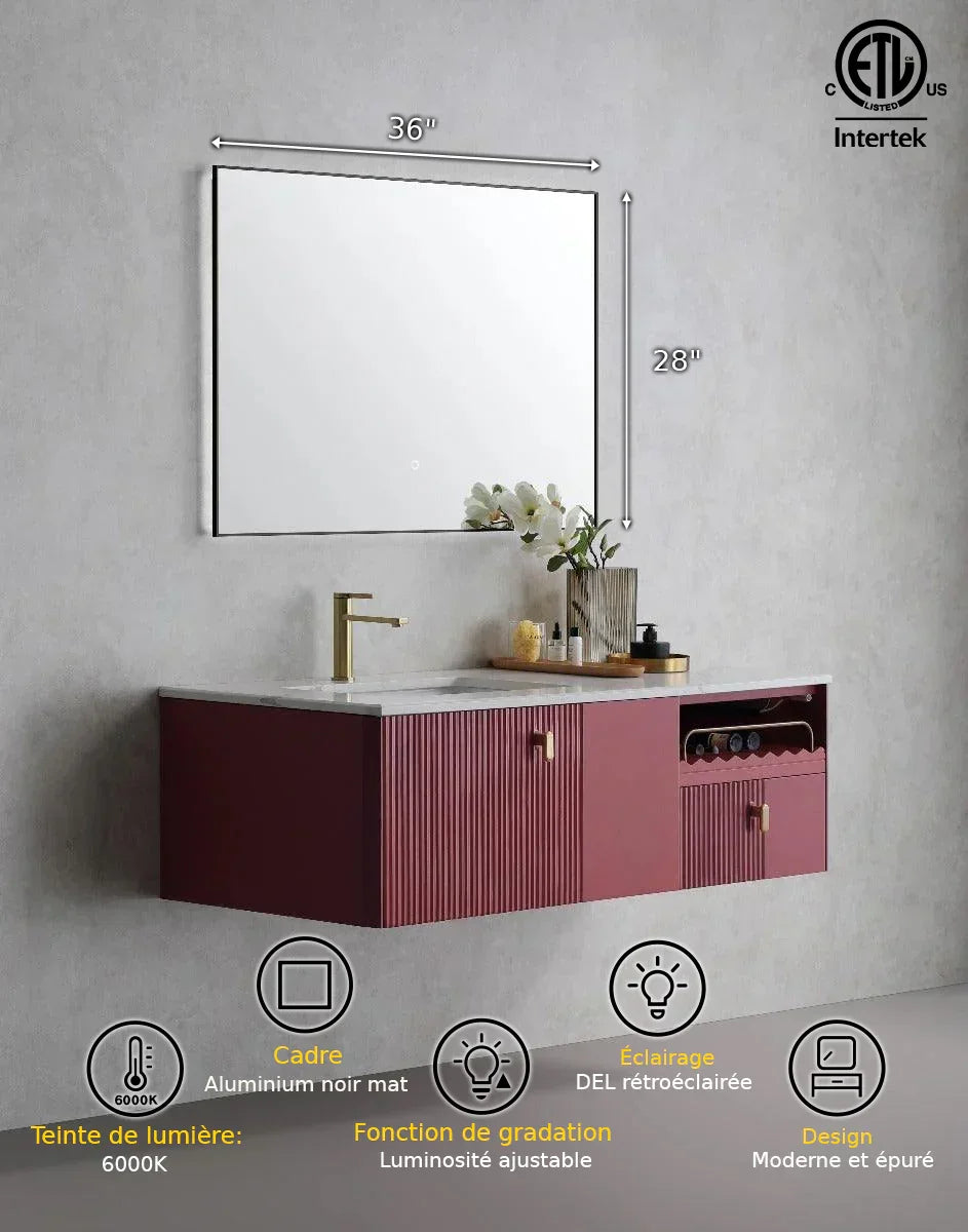 36" x 28" LED Bathroom Mirror with Matte Black Aluminum Frame and Anti-Fog