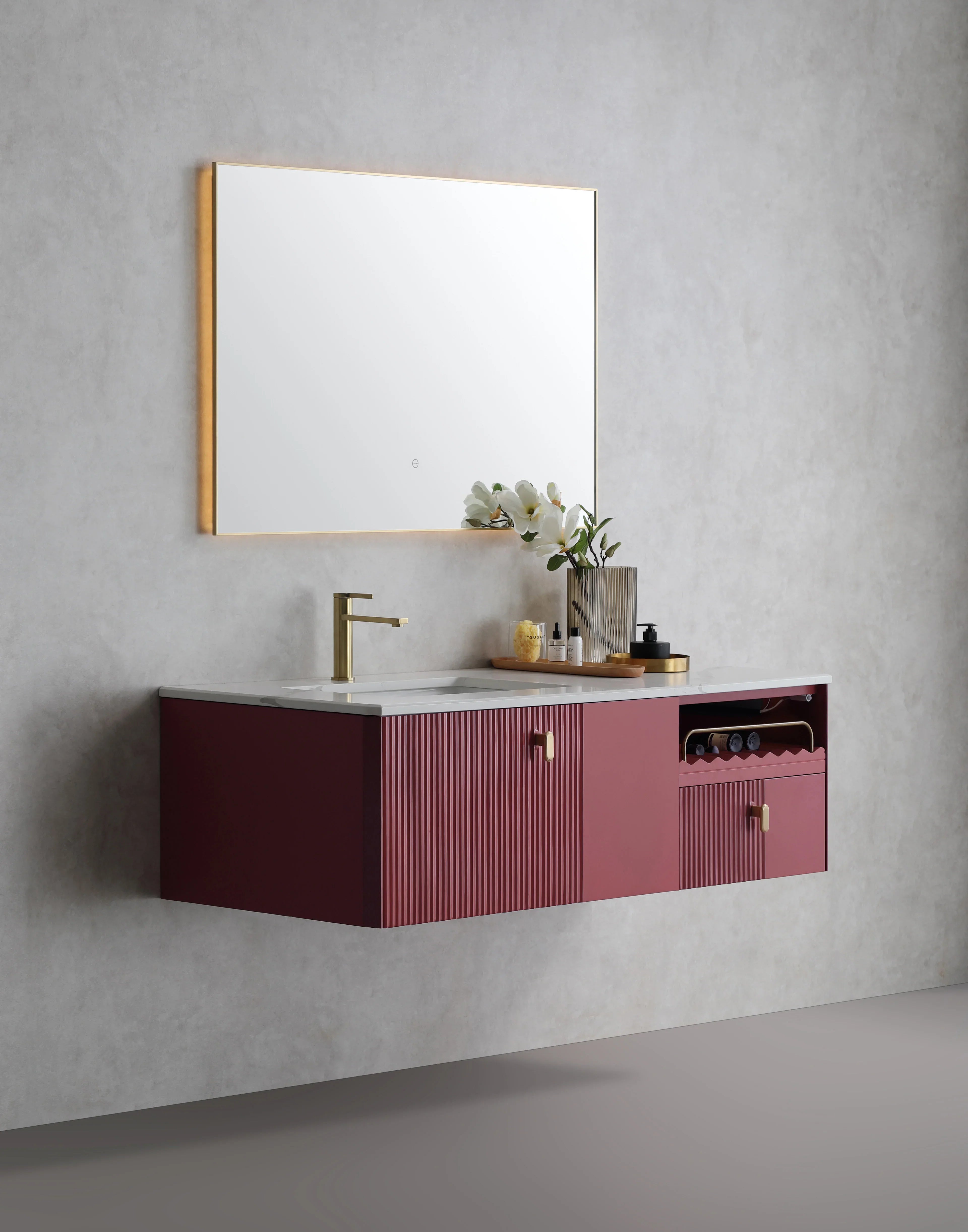 Miroir de Salle de Bain DEL 36po x 28po avec Cadre Métallique Or Brossé