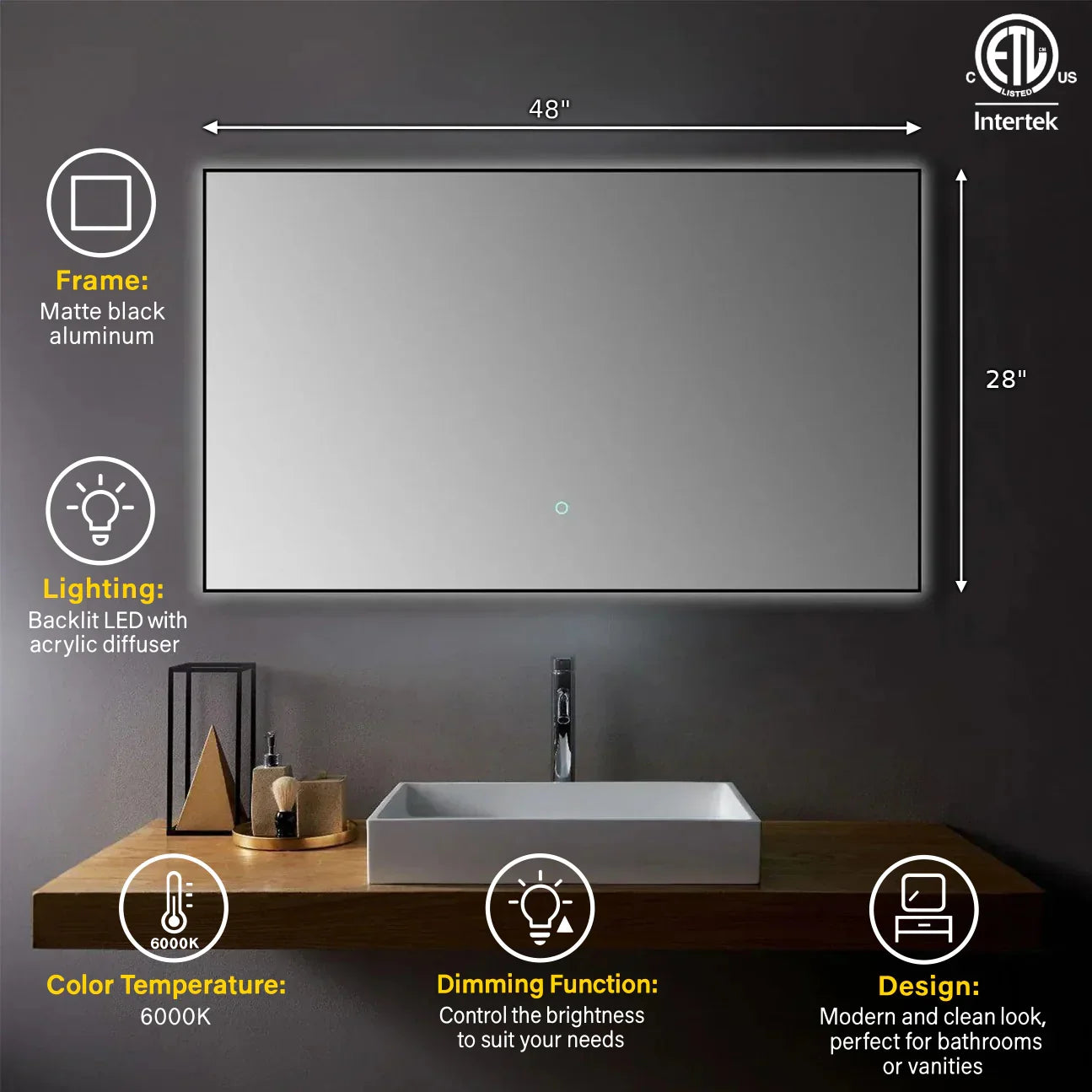 Miroir DEL 48po x 28po avec Cadre Aluminium Noir Mat et Fonction Antibuée