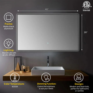 Miroir de Salle de Bain DEL Haut de Gamme 48 po x 28 po avec Cadre d'Aluminium Noir Mat - Miroir Intelligent Anti-Buée avec Contrôle de Gradation Adaptatif, Éclairage Blanc Froid 6000K et Design d'Illumination Compact