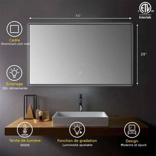 Miroir de Salle de Bain DEL Haut de Gamme 48 po x 28 po avec Cadre d'Aluminium Noir Mat - Miroir Intelligent Anti-Buée avec Contrôle de Gradation Adaptatif, Éclairage Blanc Froid 6000K et Design d'Illumination Compact