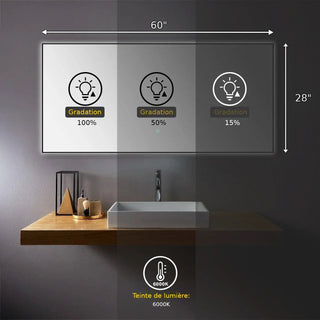 60" x 28" Premium LED Bathroom Mirror with Matte Black Aluminum Frame - Anti-Fog Smart Mirror with Adaptive Dimming Control, 6000K Cool White Lighting & Compact Illumination Design