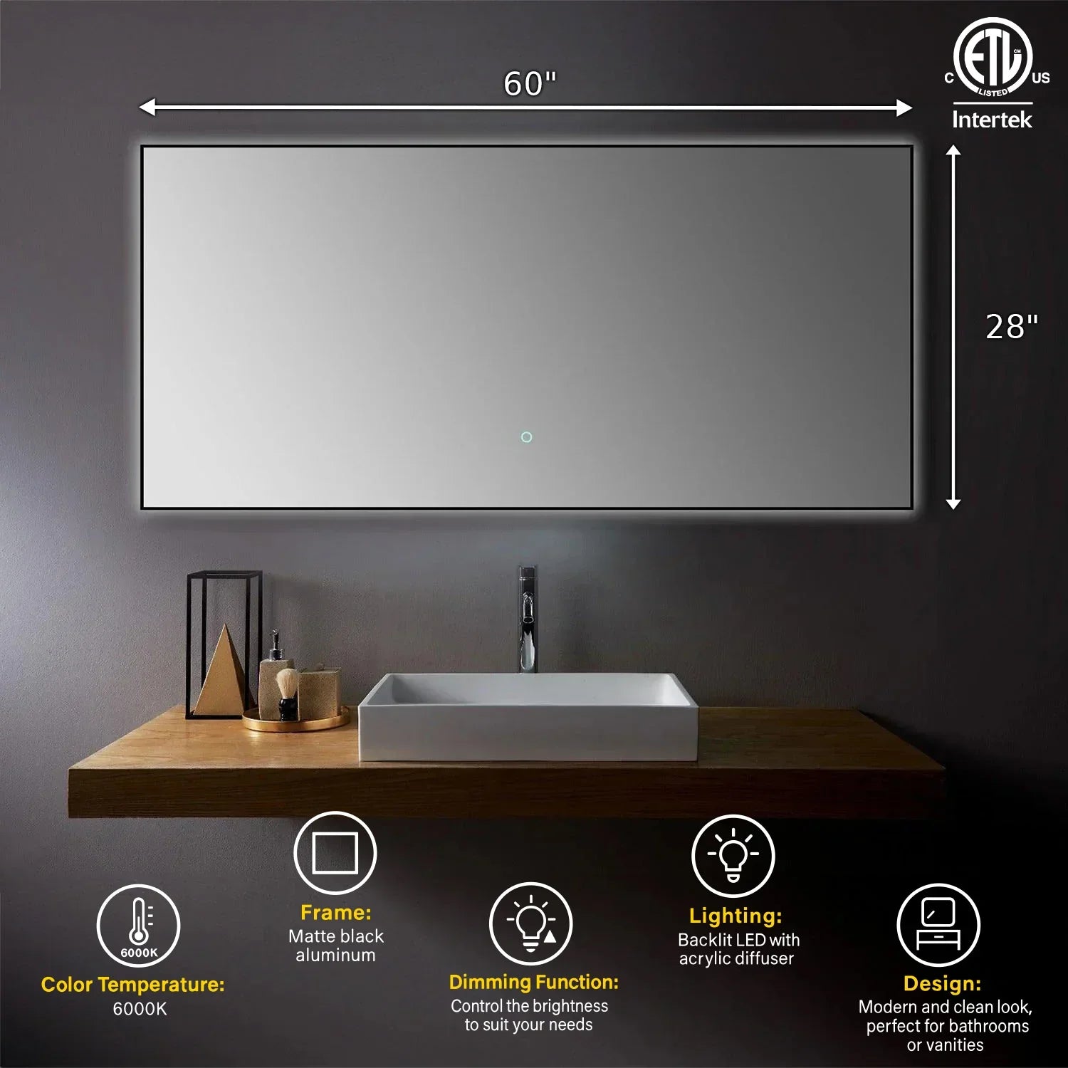 60" x 28" LED Bathroom Mirror with Matte Black Aluminum Frame and Anti-Fog Dimming