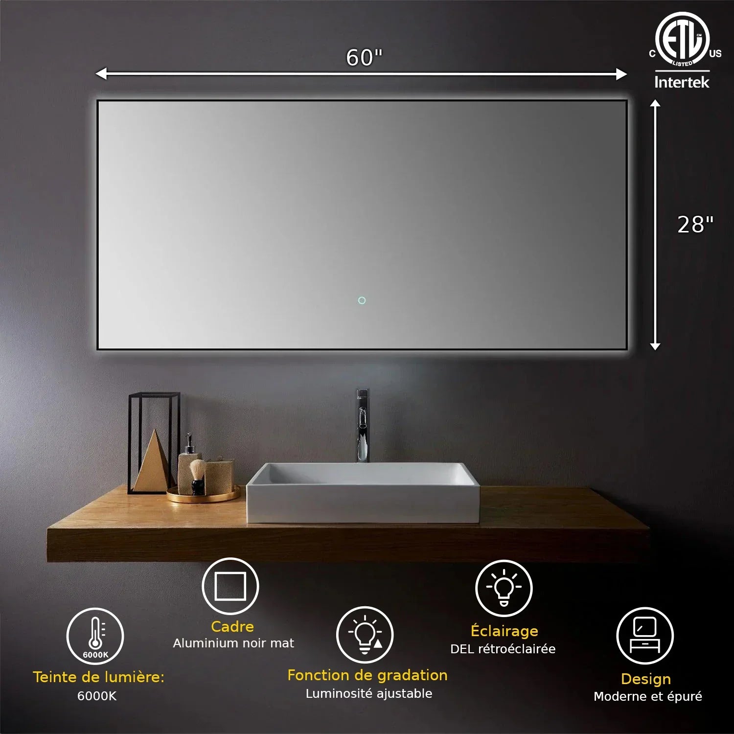 60" x 28" LED Bathroom Mirror with Matte Black Aluminum Frame and Anti-Fog Dimming
