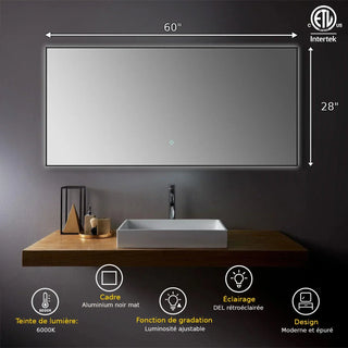 60" x 28" Premium LED Bathroom Mirror with Matte Black Aluminum Frame - Anti-Fog Smart Mirror with Adaptive Dimming Control, 6000K Cool White Lighting & Compact Illumination Design