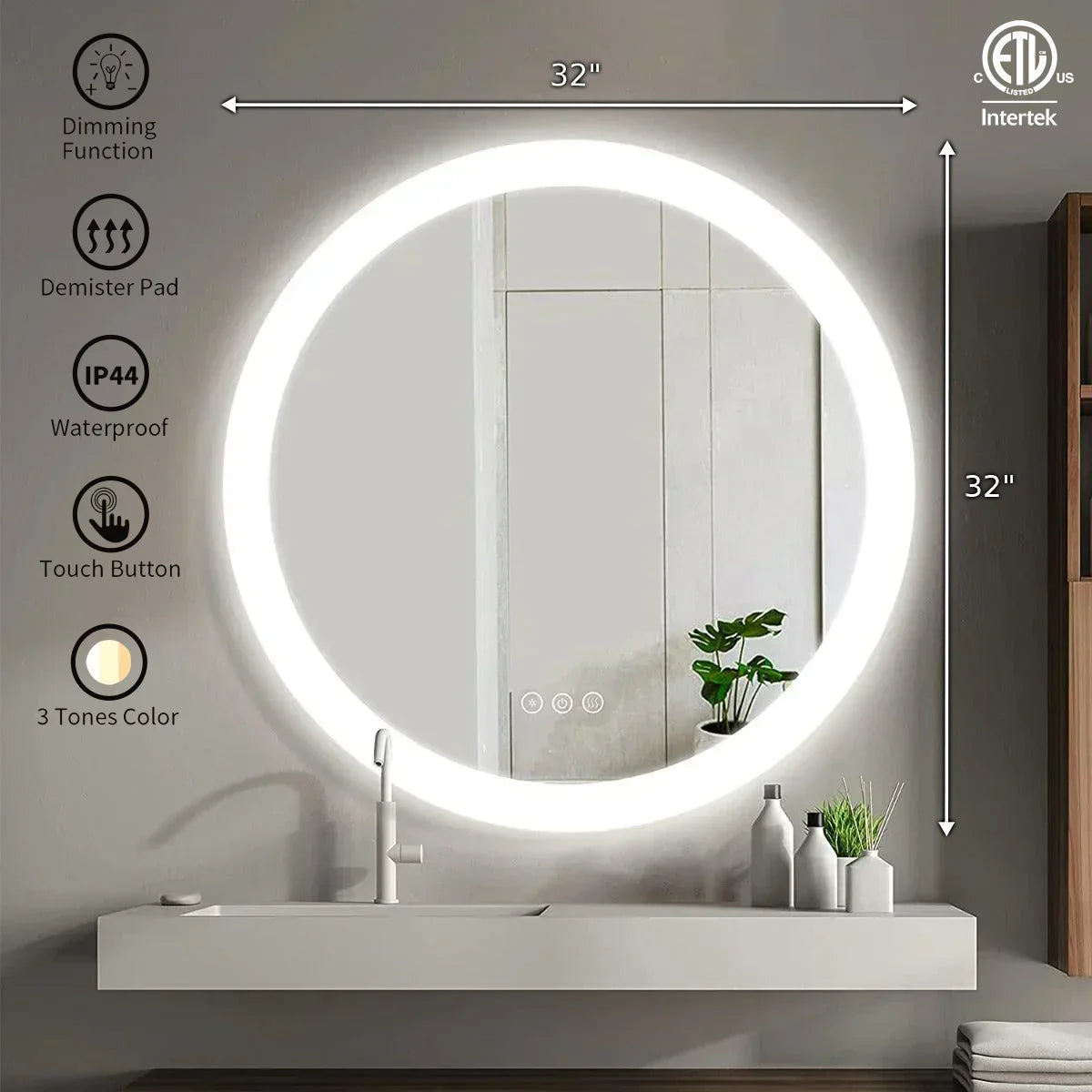 Miroir de Salle de Bain DEL Rond 32 po avec Illumination à Ruban Intégrée - Miroir Haut de Gamme à Bordure Grise avec Technologie d'Éclairage Givré, Support de Panneau Arrière Complet et Effet Lumineux Virtuel