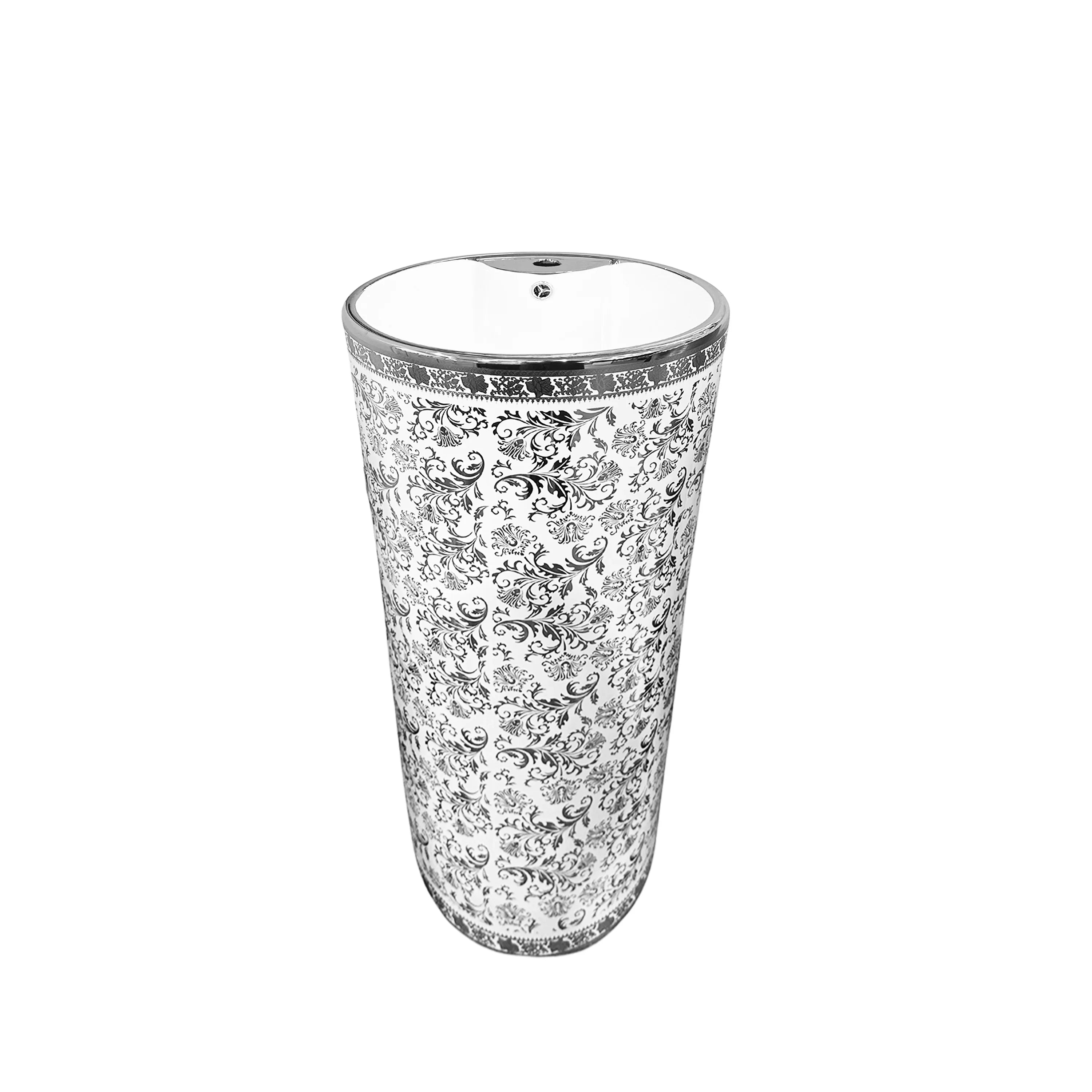 16" Floral Ceramic Pedestal Sink in White and Silver