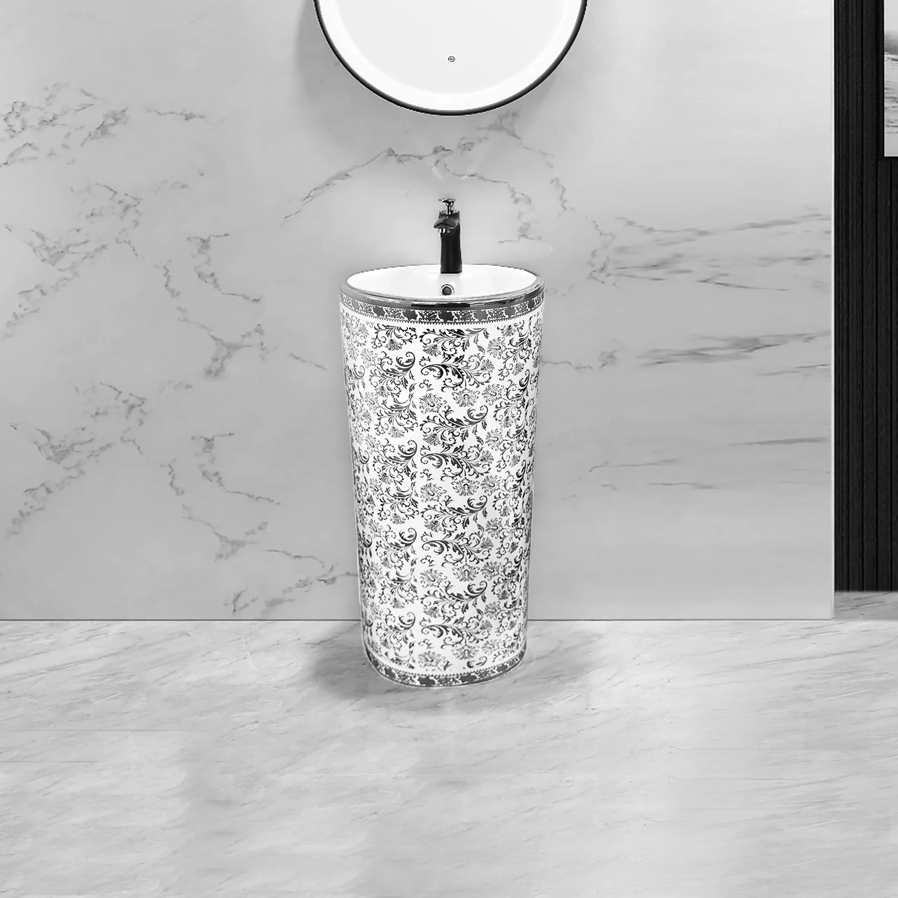 Lavabo sur Colonne 16po en Céramique Floral en Blanc et Argent