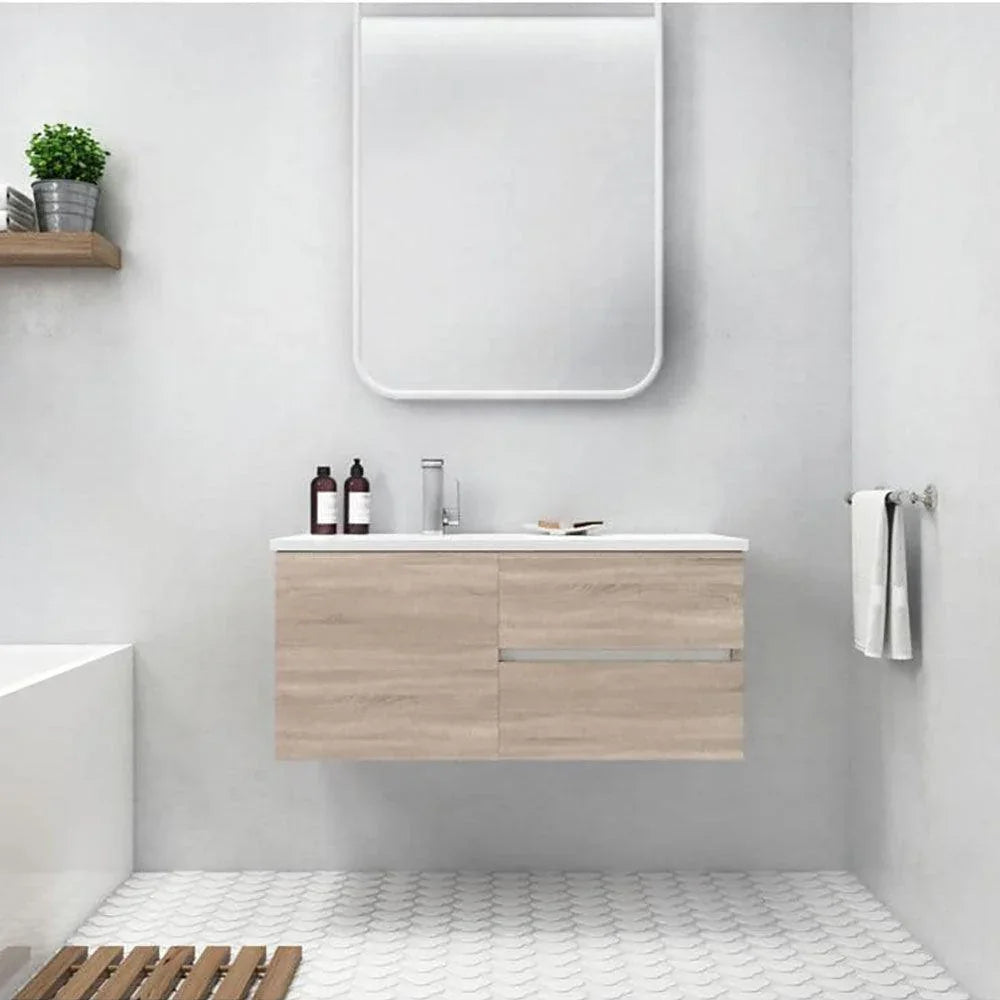 42" Dorato Brown Wall Mount Single Sink Bathroom Vanity with White Acrylic Countertop : Beachwood - Golden Elite Deco