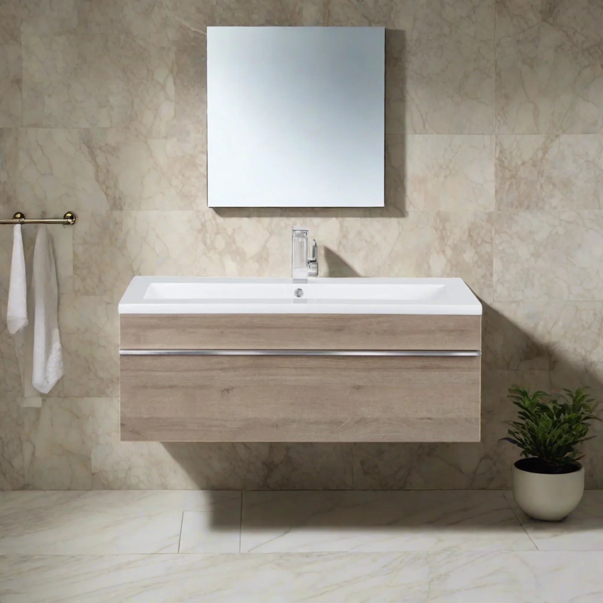 42" Organic Beige Wall Mount Single Sink Bathroom Vanity with White Acrylic Countertop : Trough Collection