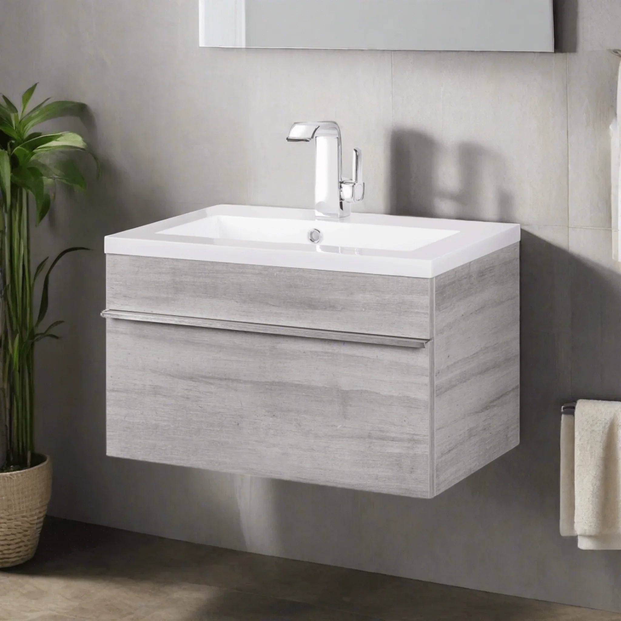 24" Soho Grey Wall Mount Single Sink Bathroom Vanity with White Acrylic Countertop : Trough - Golden Elite Deco