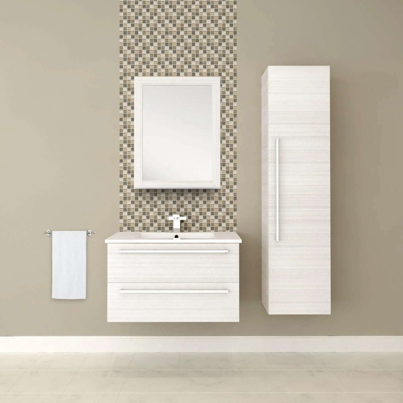 30" White Chocolate Wall Mount Single Sink Bathroom Vanity with White Acrylic Countertop : Silhouette - Golden Elite Deco