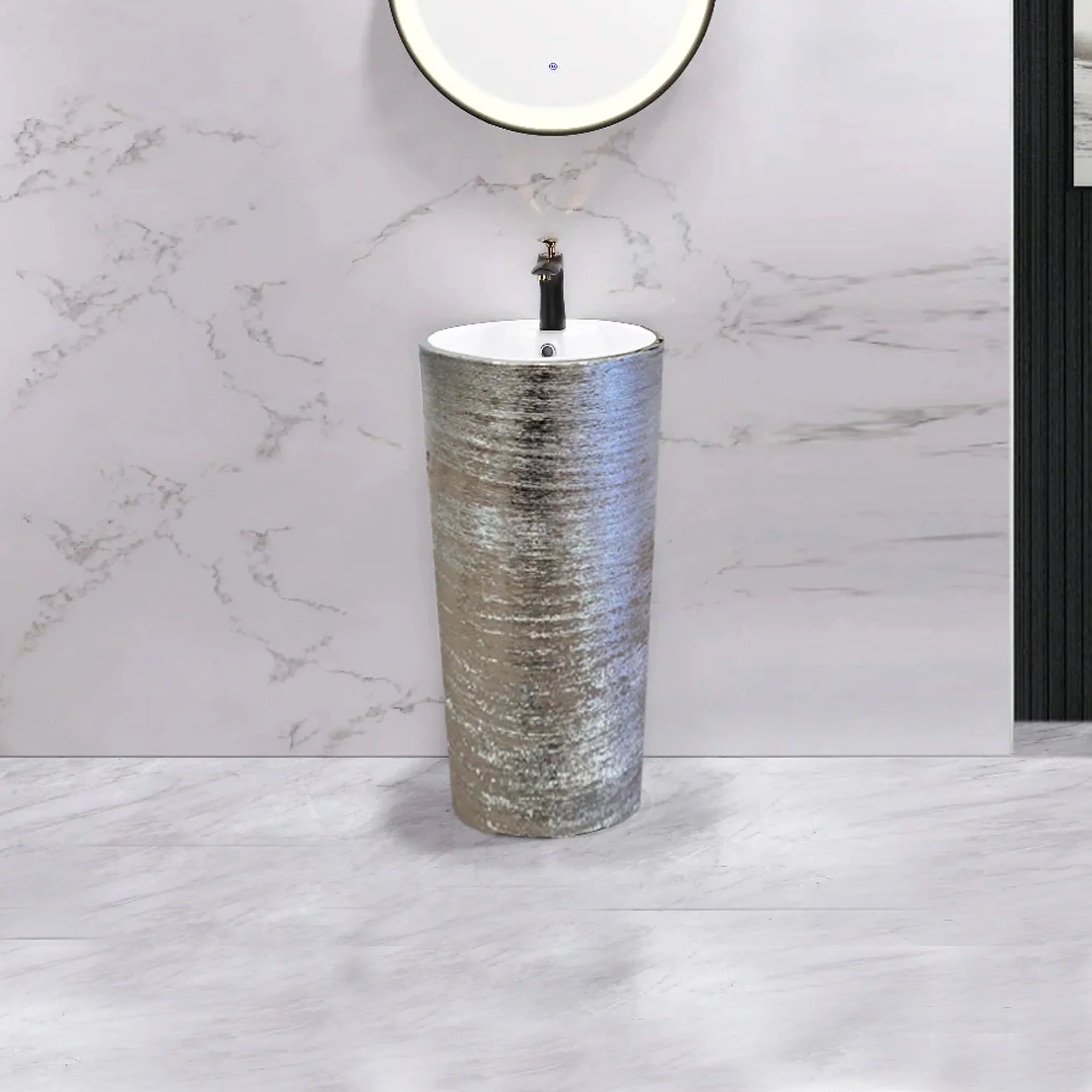 Lavabo sur Colonne 16po en Céramique Argenté Texturé - Vanité Autoportante