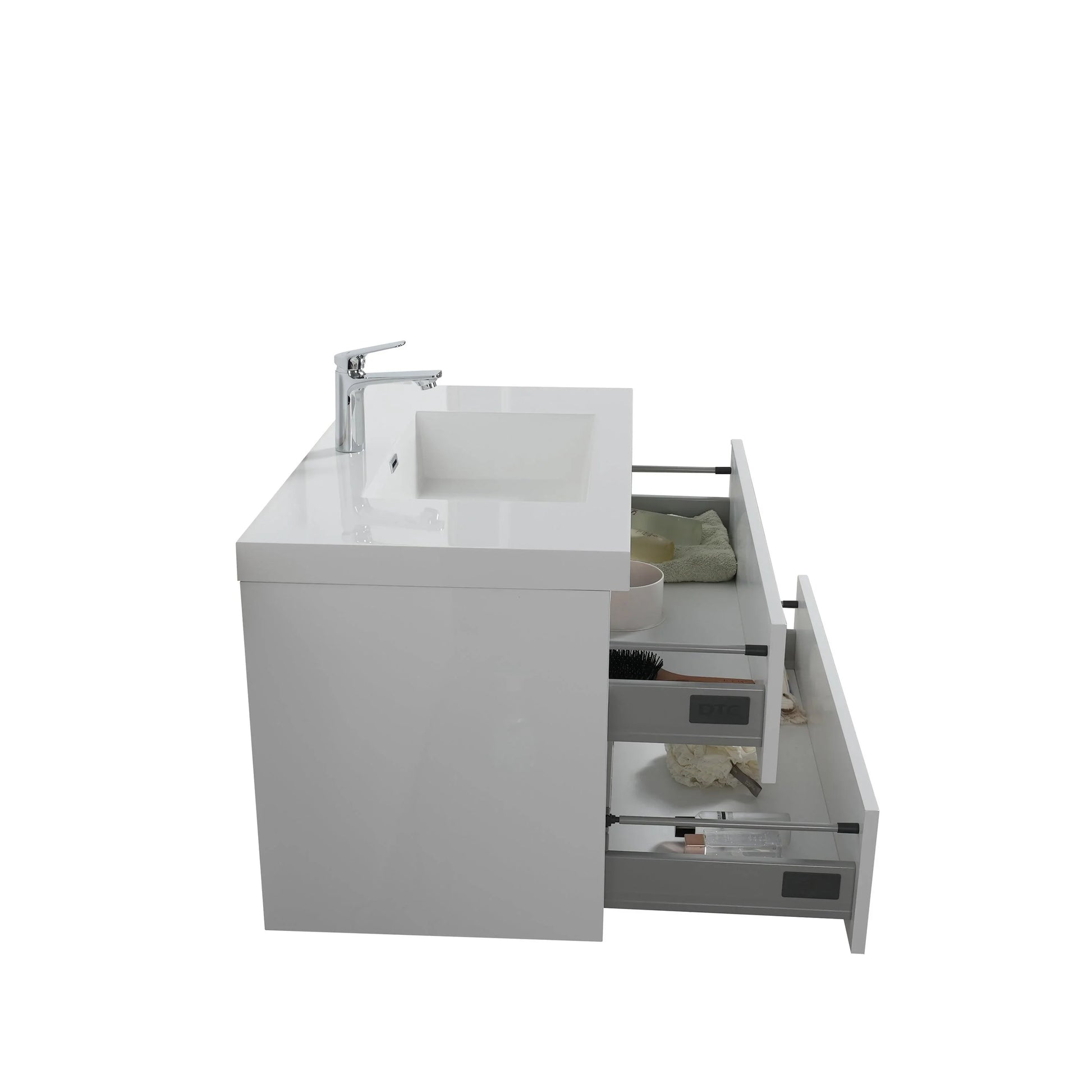 36" Glossy White Wall Mount Light-Up Bathroom Vanity with White Polymarble Countertop - Golden Elite Deco