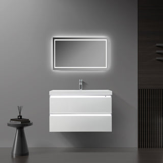 36" Glossy White Wall Mount Light-Up Bathroom Vanity with White Polymarble Countertop - Golden Elite Deco