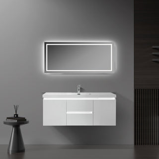 48" Glossy White Wall Mount Light-Up Bathroom Vanity with White Polymarble Countertop - Golden Elite Deco