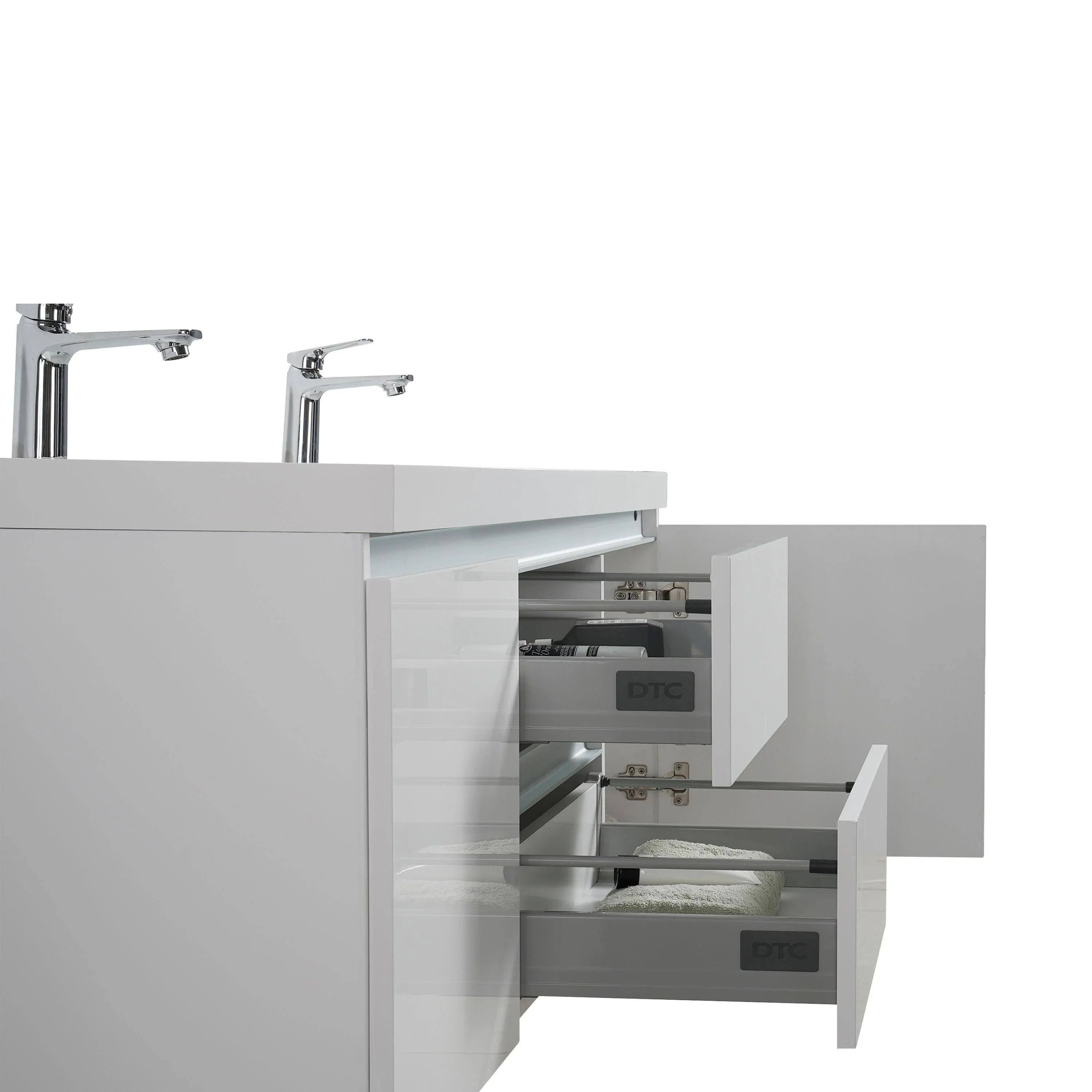 60" Glossy White Wall Mount Light-Up Double Sink Bathroom Vanity with White Polymarble Countertop - Golden Elite Deco