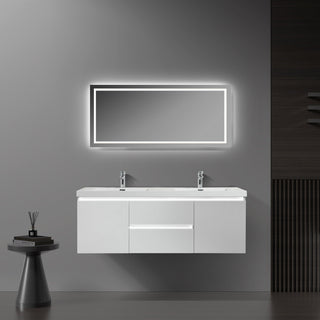 60" Glossy White Wall Mount Light-Up Double Sink Bathroom Vanity with White Polymarble Countertop - Golden Elite Deco