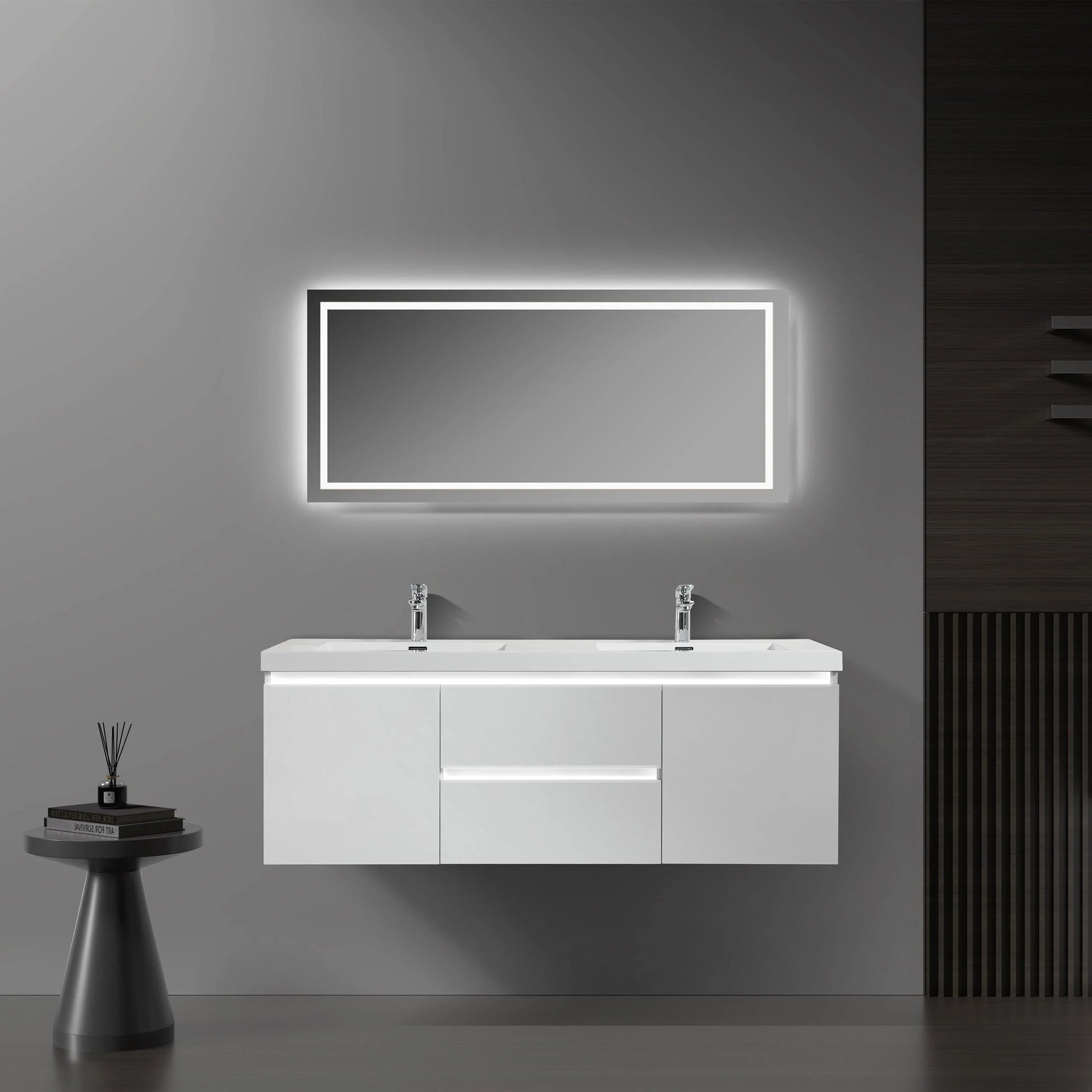 60" Glossy White Wall Mount Light-Up Double Sink Bathroom Vanity with White Polymarble Countertop - Golden Elite Deco
